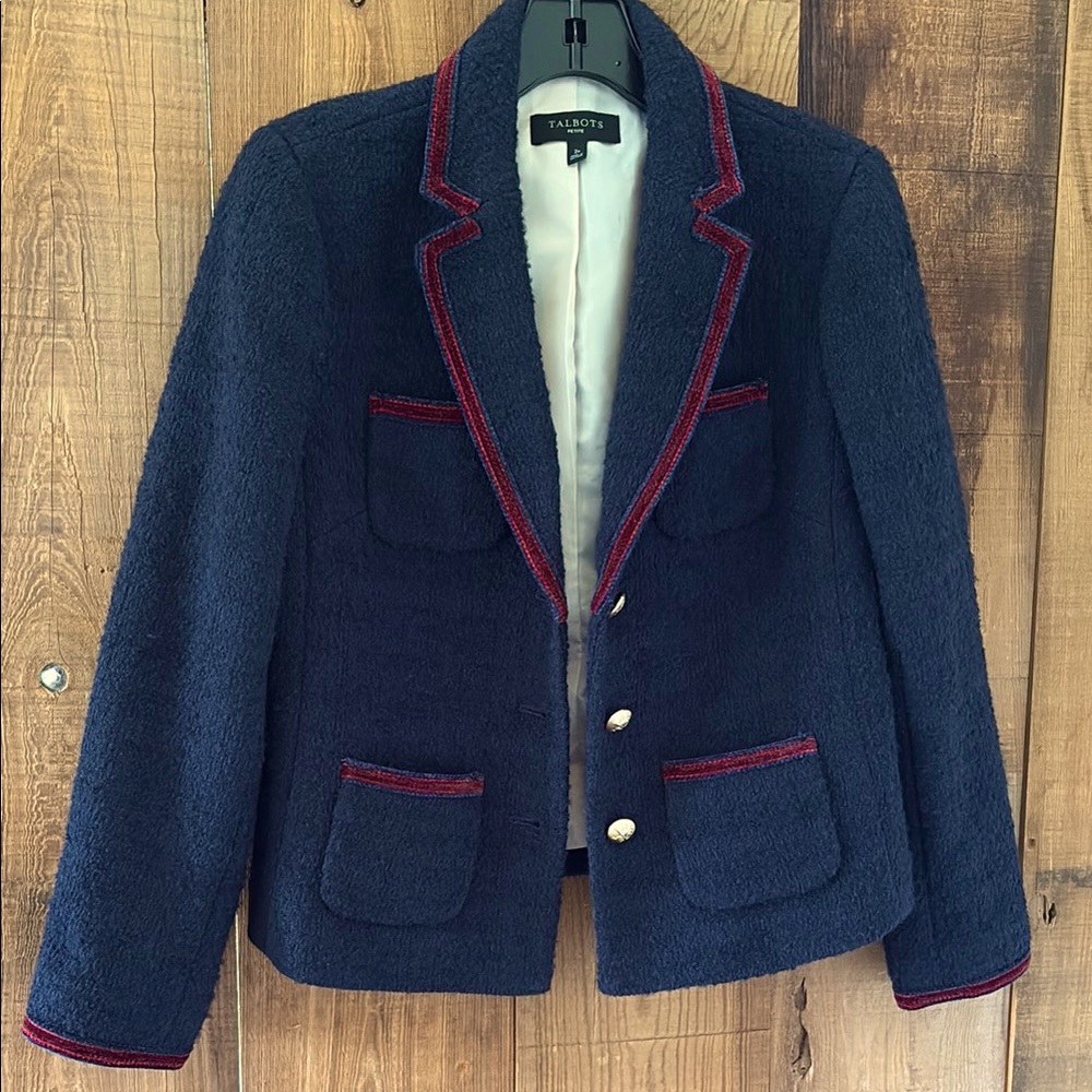 Talbots Navy Blue with red velvet trim Women's Jacket Blazer 2P